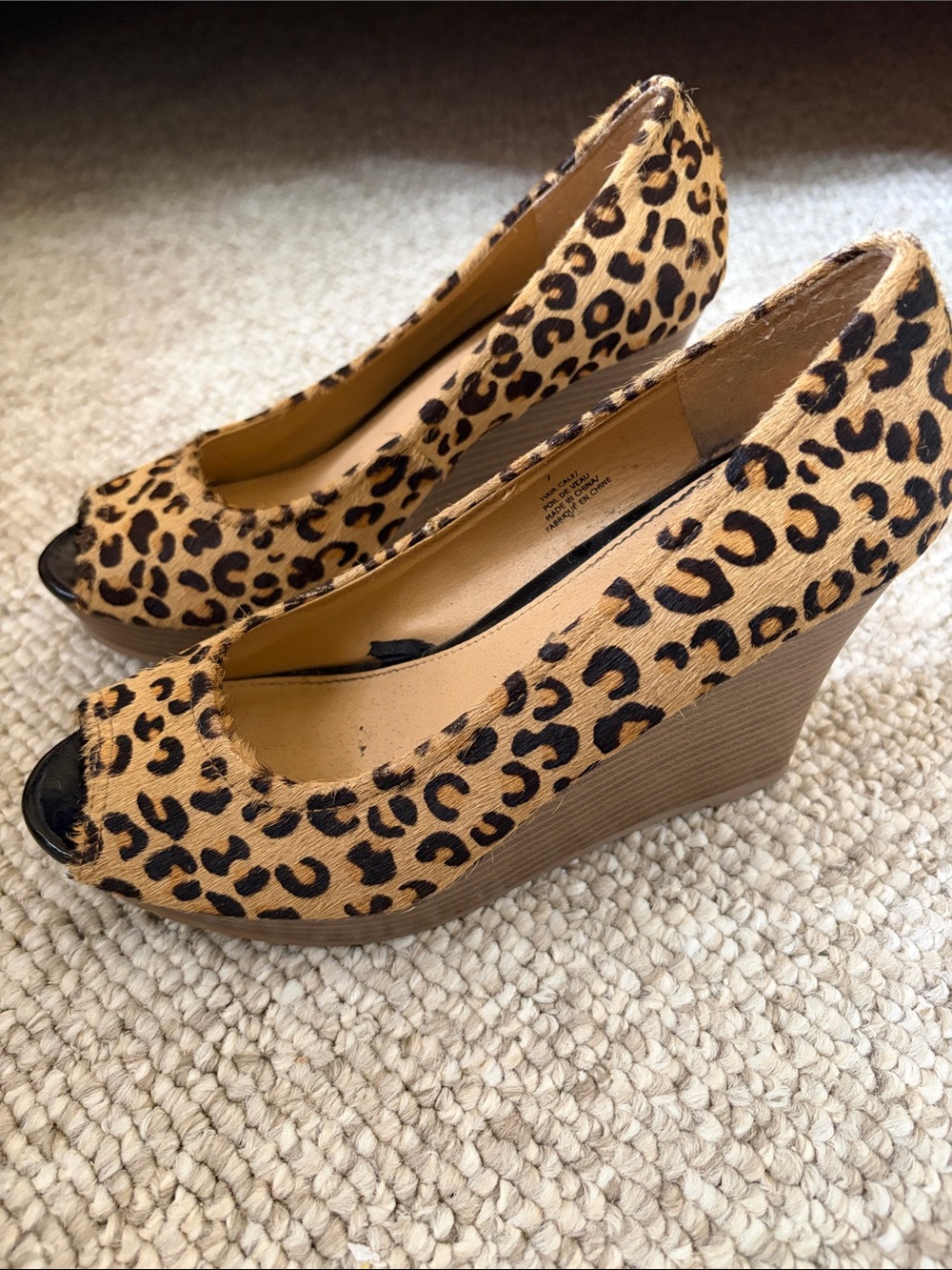 Express Leopard Print Haircalf Peep-Toe Pumps - Tan/Black WEDGE